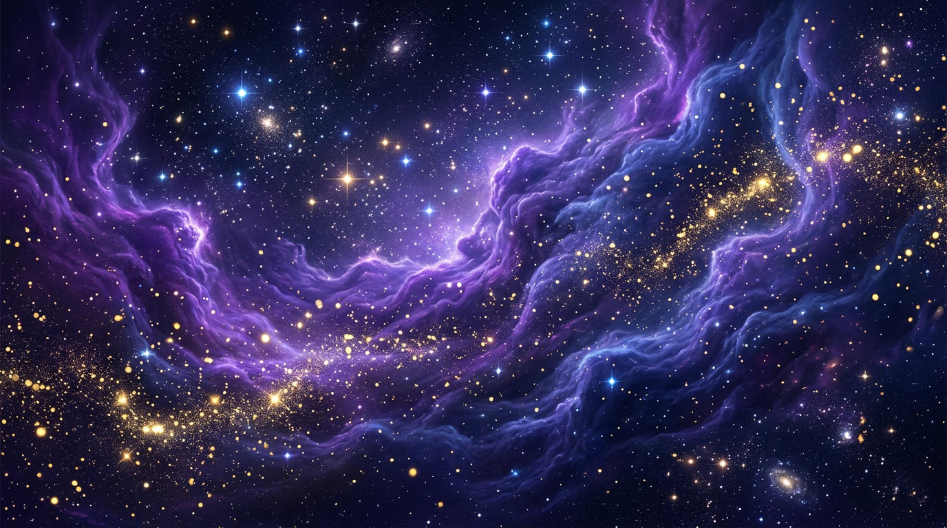 Nebulosa cosmica em tons de roxo e dourado
